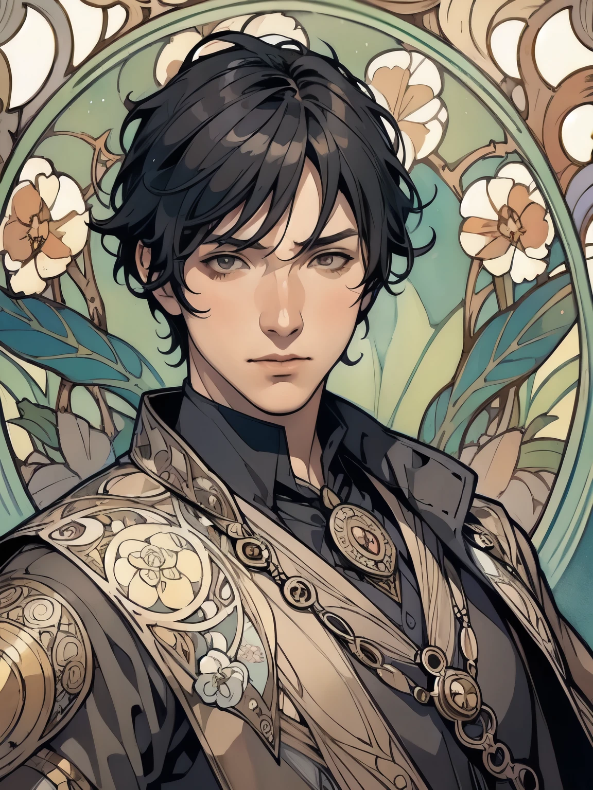 ((Detailed face)),((Mucha's style)),(portrait),((1 male)),BLACK hair,((Arcane Knight)), (cowboy shot:1.2)
