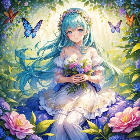 Beautiful girl in a fairy costume, Surrounded by flowers and butterflies. content: Watercolor. style: Whimsical and delicate, Li...