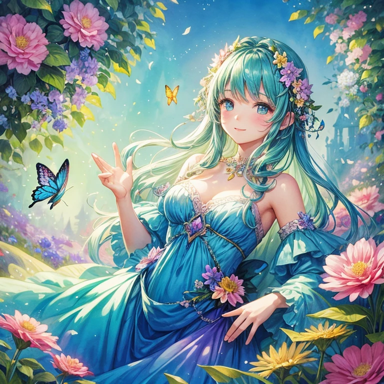 Beautiful girl in a fairy costume, Surrounded by flowers and butterflies. content: Watercolor. style: Whimsical and delicate, Like an illustration in a children&#39;s book.、Camel Toe、Giant tit、Nipple Puffs、Cleavage、Plump、Super big breasts、Super big butt、wing