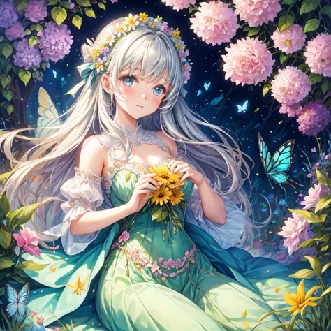 beautiful girl in a fairy costume, surrounded by flowers and butterflies. content: watercolor. style: whimsical and delicate, li...