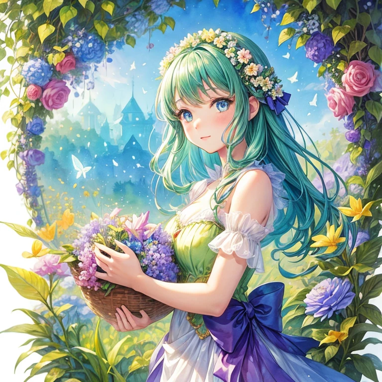 Beautiful girl in a fairy costume, Surrounded by flowers and butterflies. content: Watercolor. style: Whimsical and delicate, Like an illustration in a children&#39;s book.、Camel Toe、Giant tit、Nipple Puffs、Cleavage、Plump、Super big breasts、Super big butt、wing