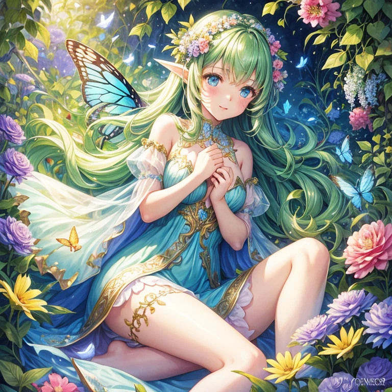 Beautiful girl in a fairy costume, Surrounded by flowers and butterflies. content: Watercolor. style: Whimsical and delicate, Like an illustration in a children&#39;s book.、Camel Toe、Giant tit、Nipple Puffs、Cleavage、Plump、Super big breasts、Super big butt、wing、Super big breasts、Super big breasts