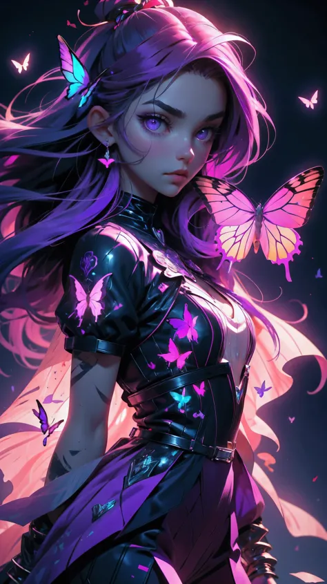 close up, beautiful young girl, purple long hair, purple eyes, neon purple butterflies, 8k, high detailed, high realism, dark fa...
