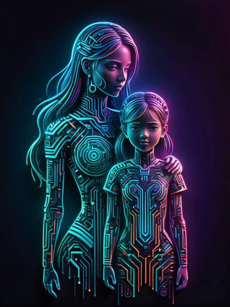 (Neon)，Circuit Board，Neon gradient light blue，Turquoise and purple artwork，(Full body rainbow image of a little princess and her mom)，(anatomically correct), (The background is solid black:1.5)，Chinese style，Fine lines，Clear lines，bold vibrant colours，Realistic form，shadow，perspective，(Cubist Futurism, Conceptual art, Surrealism, UHD, masterpiece, ccurate, textured skin, super detail, high details, award winning, best quality, 8k), Super detailed, (1.4 times more realism)