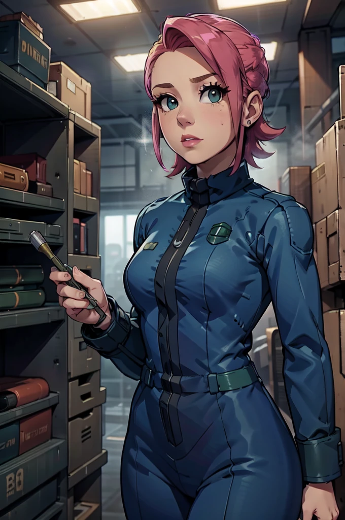 Mayl Sakurai reimagined as a vault dweller, doing maintenance in an underground vault. Her vibrant pink hair stands out against the dimly lit environment. She is a 26-year-old woman dressed in a vault dweller jumpsuit, indicative of her role in the post-apocalyptic world. The jumpsuit is worn but still functional, reflecting the harsh conditions of life underground. Her face is beautifully detailed, with expressive eyes that convey determination and intelligence. Her lips are also well-defined, adding to her overall allure.

In the vault, Mayl Sakurai is seen operating a pipboy, a wrist-worn device that serves as an essential tool and information hub for survival in the vault. The pipboy's screen emits a soft glow, illuminating Mayl's face and casting a subtle green hue on the surroundings. The details on the pipboy, from its buttons to its display, are extremely detailed, showcasing its futuristic design.

The underground vault is filled with mechanical equipment and pipes, emphasizing the importance of maintenance in this post-apocalyptic world. The atmosphere is gritty and industrial, with a hint of mystery and danger. The lighting is dim and has a hint of blue tones, enhancing the underground ambiance.

Despite the grim surroundings, Mayl Sakurai exudes confidence and strength as she jumps into action, ready to fulfill her duties as a vault dweller. Her posture and expression suggest that she is prepared to face any challenge that comes her way.

The image quality should be at its best, with 4K resolution and ultra-detailed rendering, capturing every intricate detail of the scene. The colors should be vivid, emphasizing the contrast between Mayl's vibrant pink hair and the dimly lit environment. The overall style should lean towards a post-apocalyptic concept art aesthetic, blending realism with a touch of fantasy.

In summary, the Stable Diffusion prompt for the provided theme would be:
Mayl Sakurai reimagined as a vault dweller, doing maintenance in an undergr