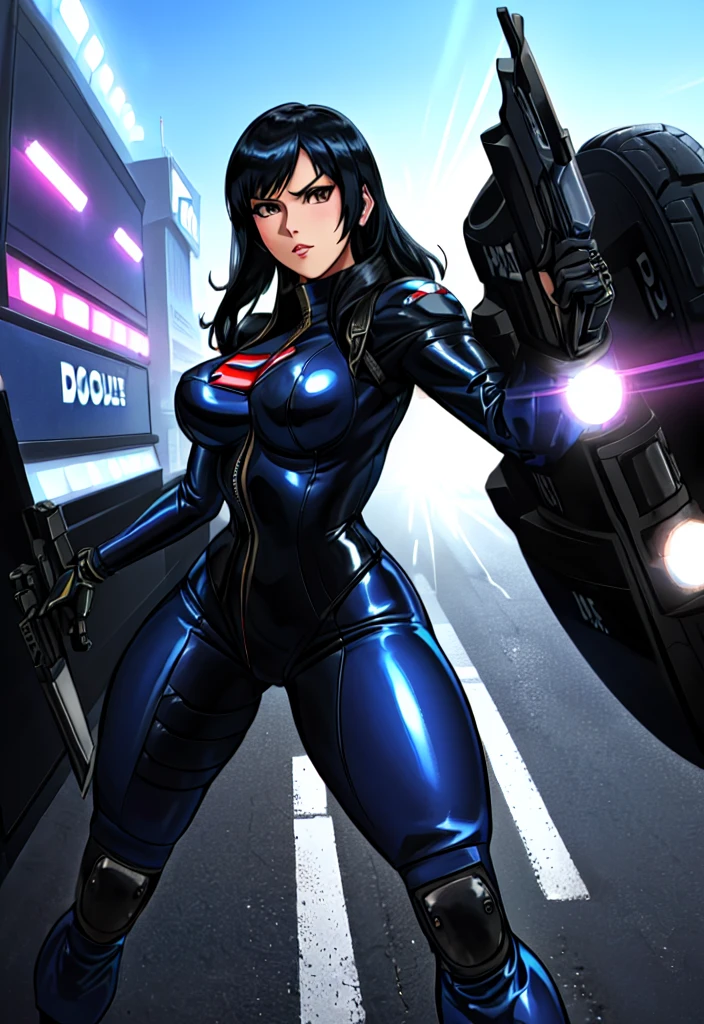 (une image de dessin animé d&#39;une femme solo dans un costume en latex bleu inspirée de: Nico Robin, Tifa Lockhart, je ferai aussi des fanarts, Hinata Hyuga, Mayuri Shiina, personnage du roi des combattants, dessiné comme l’anime speed racer), fille anime séduisante,  épais, biomechanical oppaï, sur un hippodrome, oppaï, porter un costume moulant, piste de course cyberpunk, (illustration inspirée par : f zéro, ligne rouge, Anéantir, coureur de vitesse et roi des combattants)