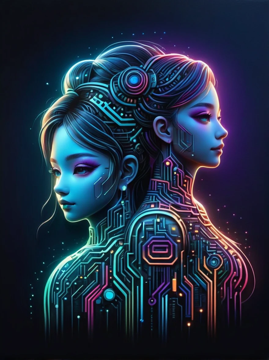 (Neon)，Circuit Board，Neon gradient light blue，Turquoise and purple artwork，(Full body rainbow image of a little princess and her mom)，(anatomically correct), (The background is solid black:1.5)，Chinese style，Fine lines，Clear lines，bold vibrant colours，Realistic form，shadow，perspective，(Cubist Futurism, Conceptual art, Surrealism, UHD, masterpiece, ccurate, textured skin, super detail, high details, award winning, best quality, 8k), Super detailed, (1.4 times more realism)