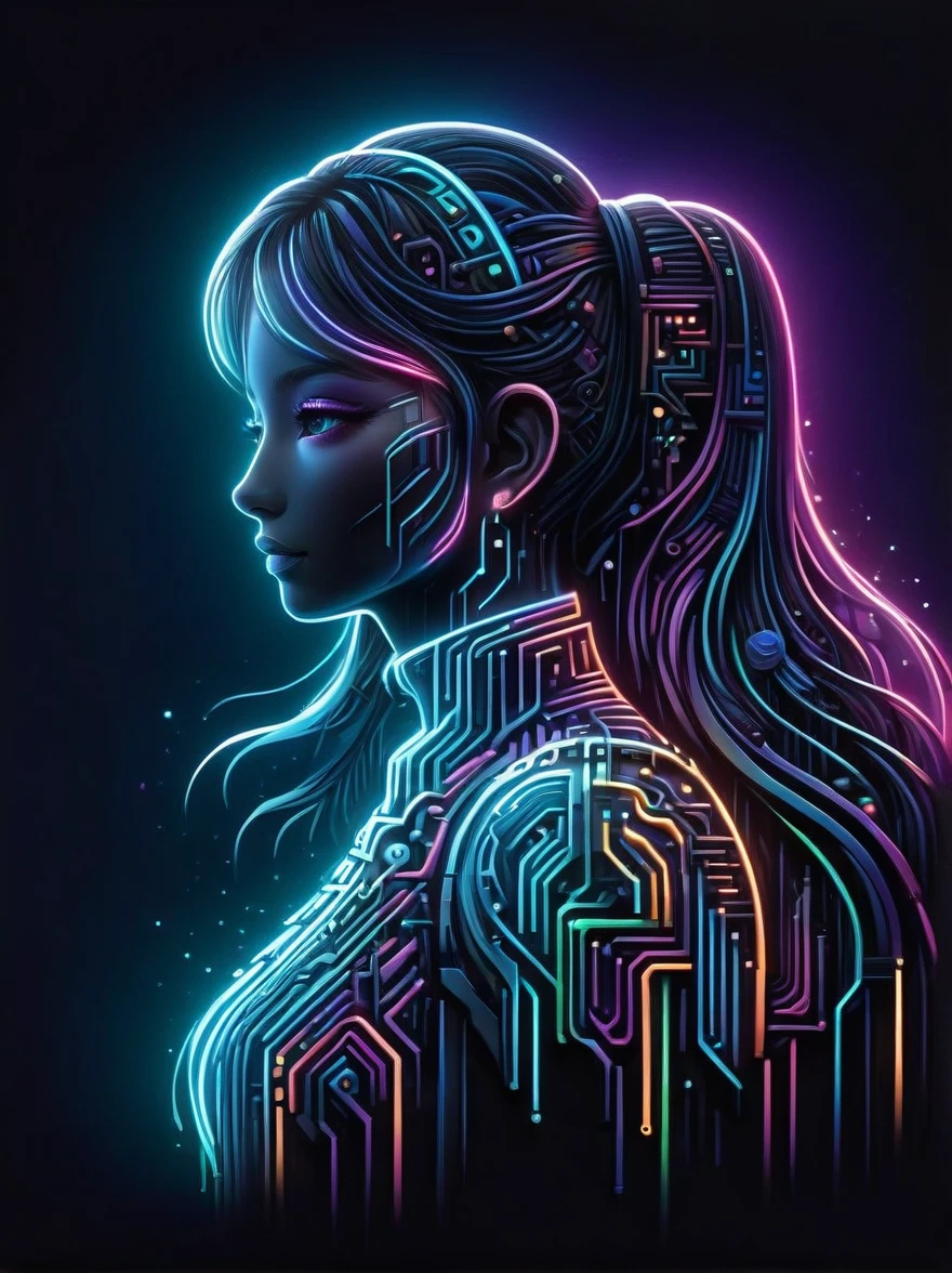 (Neon)，Circuit Board，Neon gradient light blue，Turquoise and purple artwork，(Full body rainbow image of a little princess and her mom)，(anatomically correct), (The background is solid black:1.5)，Chinese style，Fine lines，Clear lines，bold vibrant colours，Realistic form，shadow，perspective，(Cubist Futurism, Conceptual art, Surrealism, UHD, masterpiece, ccurate, textured skin, super detail, high details, award winning, best quality, 8k), Super detailed, (1.4 times more realism)