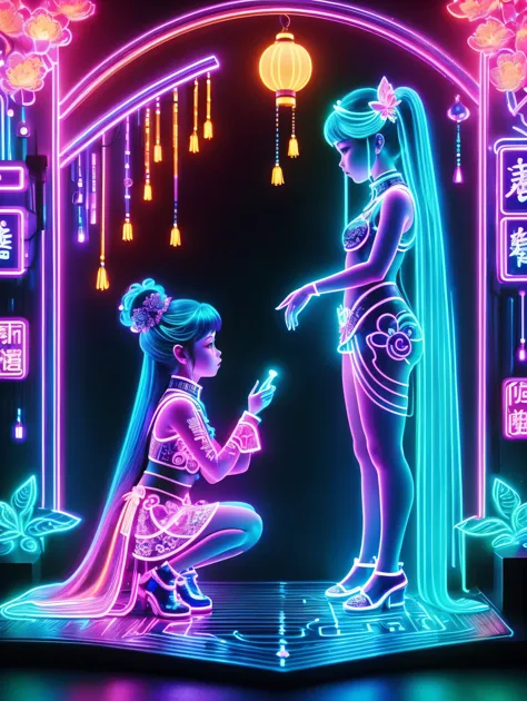 (Neon)，Circuit Board，Neon gradient light blue，Turquoise and purple artwork，(Full body rainbow image of a little princess and her mom)，(The background is black)，Chinese style，Fine lines，Clear lines，bold vibrant colours，Realistic form，shadow，perspective，(Ult...