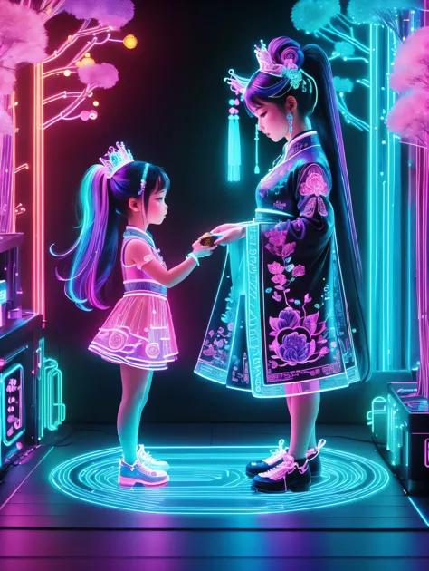 (Neon)，Circuit Board，Neon gradient light blue，Turquoise and purple artwork，(Full body rainbow image of a little princess and her mom)，(The background is black)，Chinese style，Fine lines，Clear lines，bold vibrant colours，Realistic form，shadow，perspective，(Ult...