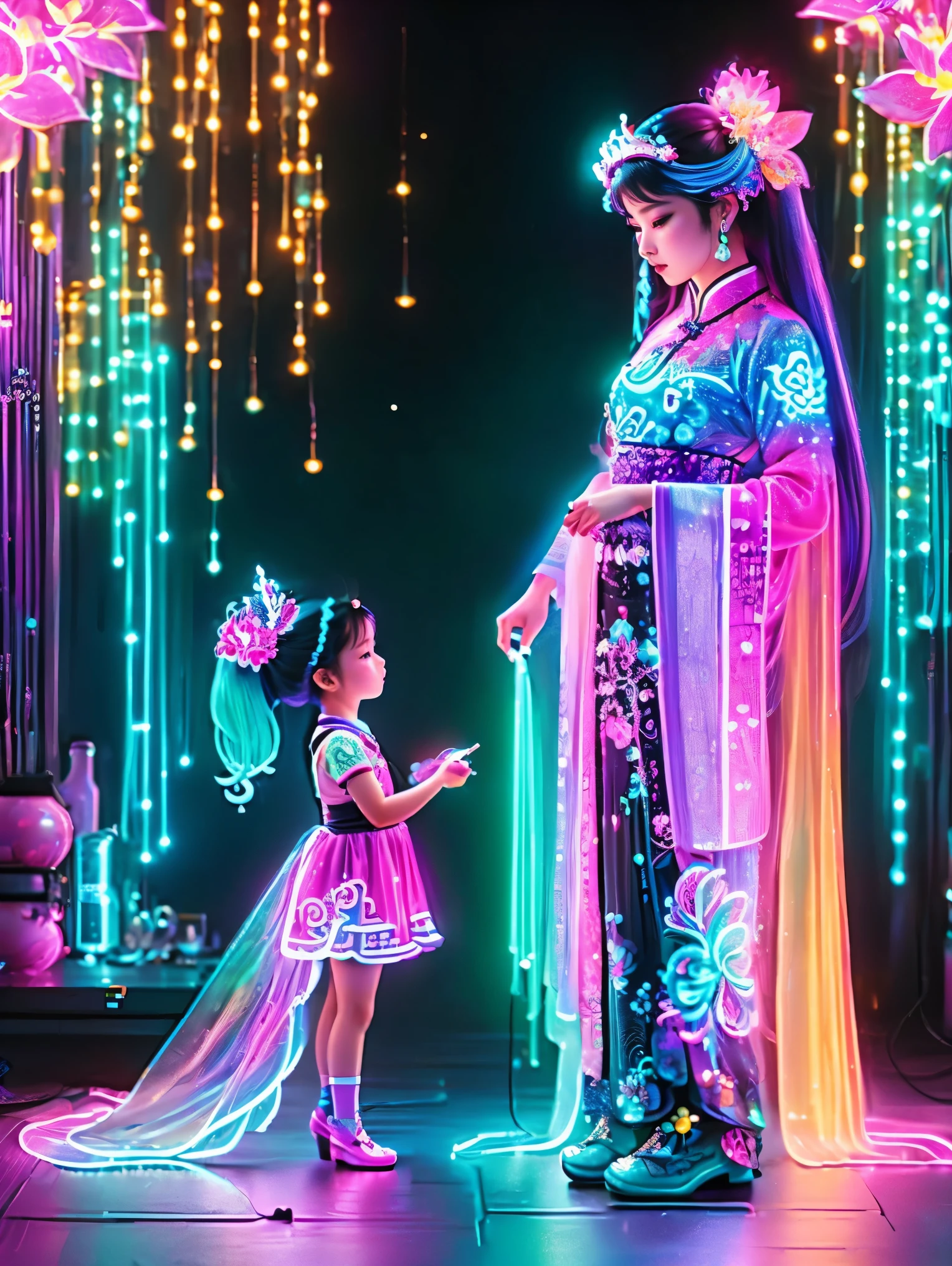 (Neon)，Circuit Board，Neon gradient light blue，Turquoise and purple artwork，(Full body rainbow image of a little princess and her mom)，(The background is black)，Chinese style，Fine lines，Clear lines，bold vibrant colours，Realistic form，shadow，perspective，(Ultra HD, masterpiece, precise, Anatomically correct, textured skin, High Detail, high quality, The award-winning, 8k), Super detailed, (1.4 times more realism)