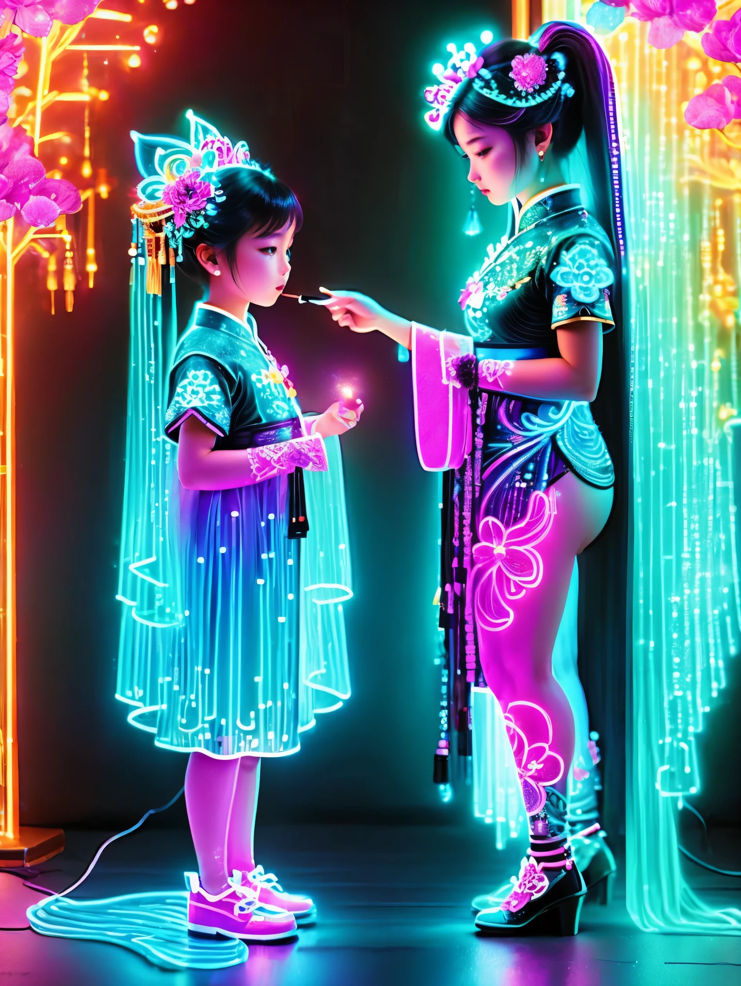 (Neon)，Circuit Board，Neon gradient light blue，Turquoise and purple artwork，(Full body rainbow image of a little princess and her mom)，(The background is black)，Chinese style，Fine lines，Clear lines，bold vibrant colours，Realistic form，shadow，perspective，(Ultra HD, masterpiece, precise, Anatomically correct, textured skin, High Detail, high quality, The award-winning, 8k), Super detailed, (1.4 times more realism)