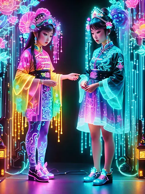 (Neon)，Circuit Board，Neon gradient light blue，Turquoise and purple artwork，(Full body rainbow image of a little princess and her mom)，(The background is black)，Chinese style，Fine lines，Clear lines，bold vibrant colours，Realistic form，shadow，perspective，(Ult...