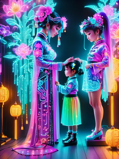 (Neon)，Circuit Board，Neon gradient light blue，Turquoise and purple artwork，(Full body rainbow image of a little princess and her mom)，(The background is black)，Chinese style，Fine lines，Clear lines，bold vibrant colours，Realistic form，shadow，perspective，(Ult...