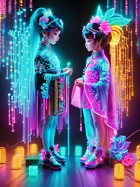 (Neon)，Circuit Board，Neon gradient light blue，Turquoise and purple artwork，(Full body rainbow image of a little princess and her mom)，(The background is black)，Chinese style，Fine lines，Clear lines，bold vibrant colours，Realistic form，shadow，perspective，(Ult...