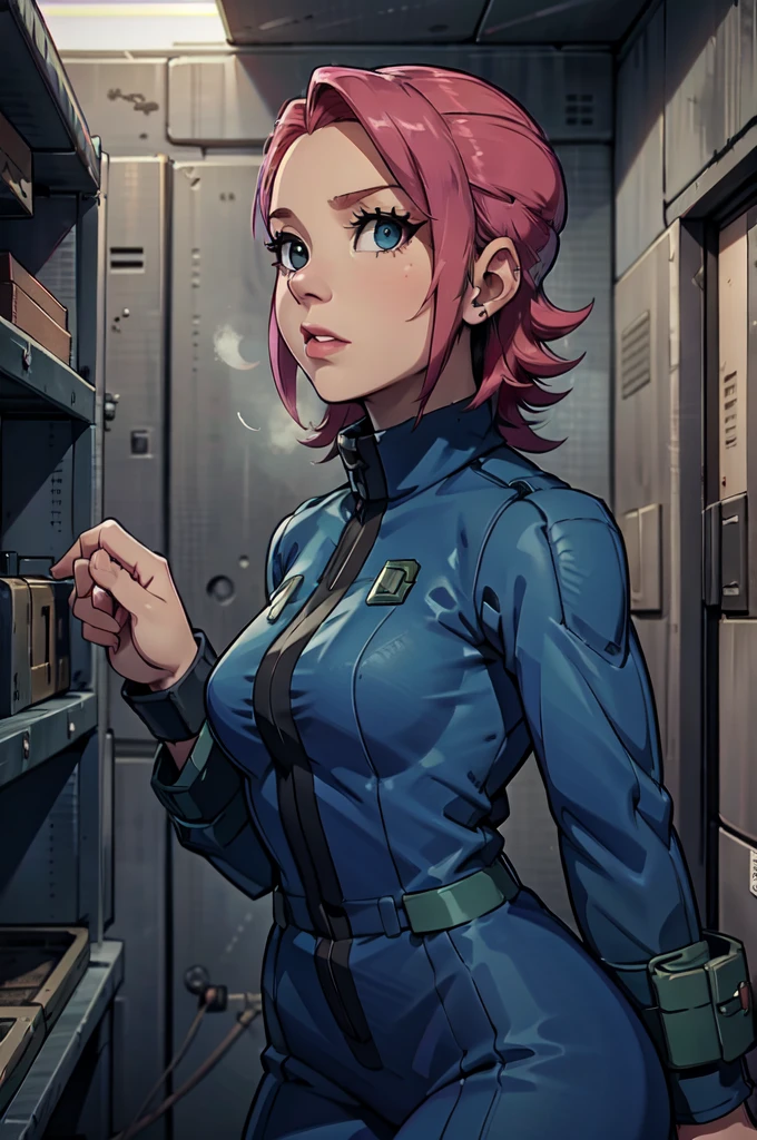 Mayl Sakurai reimagined as a vault dweller, doing maintenance in an underground vault. Her vibrant pink hair stands out against the dimly lit environment. She is a 26-year-old woman dressed in a vault dweller jumpsuit, indicative of her role in the post-apocalyptic world. The jumpsuit is worn but still functional, reflecting the harsh conditions of life underground. Her face is beautifully detailed, with expressive eyes that convey determination and intelligence. Her lips are also well-defined, adding to her overall allure.

In the vault, Mayl Sakurai is seen operating a pipboy, a wrist-worn device that serves as an essential tool and information hub for survival in the vault. The pipboy's screen emits a soft glow, illuminating Mayl's face and casting a subtle green hue on the surroundings. The details on the pipboy, from its buttons to its display, are extremely detailed, showcasing its futuristic design.

The underground vault is filled with mechanical equipment and pipes, emphasizing the importance of maintenance in this post-apocalyptic world. The atmosphere is gritty and industrial, with a hint of mystery and danger. The lighting is dim and has a hint of blue tones, enhancing the underground ambiance.

Despite the grim surroundings, Mayl Sakurai exudes confidence and strength as she jumps into action, ready to fulfill her duties as a vault dweller. Her posture and expression suggest that she is prepared to face any challenge that comes her way.

The image quality should be at its best, with 4K resolution and ultra-detailed rendering, capturing every intricate detail of the scene. The colors should be vivid, emphasizing the contrast between Mayl's vibrant pink hair and the dimly lit environment. The overall style should lean towards a post-apocalyptic concept art aesthetic, blending realism with a touch of fantasy.

In summary, the Stable Diffusion prompt for the provided theme would be:
Mayl Sakurai reimagined as a vault dweller, doing maintenance in an undergr