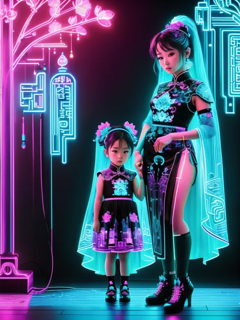(Neon)，Circuit Board，Neon gradient light blue，Turquoise and purple artwork，(Full body rainbow image of a little princess and her mom)，(anatomically correct), (The background is solid black:1.5)，Chinese style，Fine lines，Clear lines，bold vibrant colours，Real...