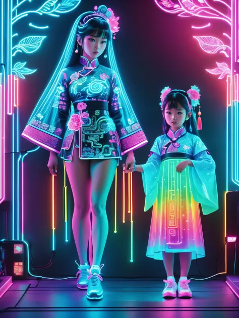 (Neon)，Circuit Board，Neon gradient light blue，Turquoise and purple artwork，(Full body rainbow image of a little princess and her mom)，(The background is black)，Chinese style，Fine lines，Clear lines，bold vibrant colours，Realistic form，shadow，perspective，(Ult...