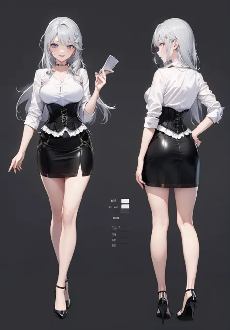 silver hair,long hair,adult female,bartender,((rolling up your sleeves shirt)),(corset),(tight skirt),high heels,((simple backgr...