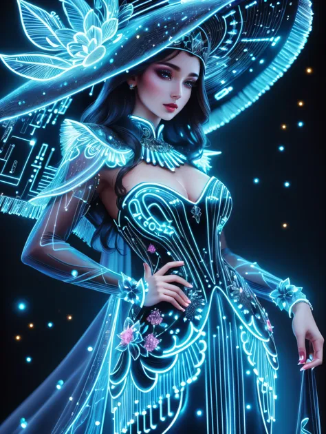 (Neon)，Circuit Board，elegant, fashion design. Elegant and dress fashion illustration with a fluttering dress and hat in neon blue against a black background. The figure appears to be glowing from within, creating a glamorous effect that highlights the lavi...