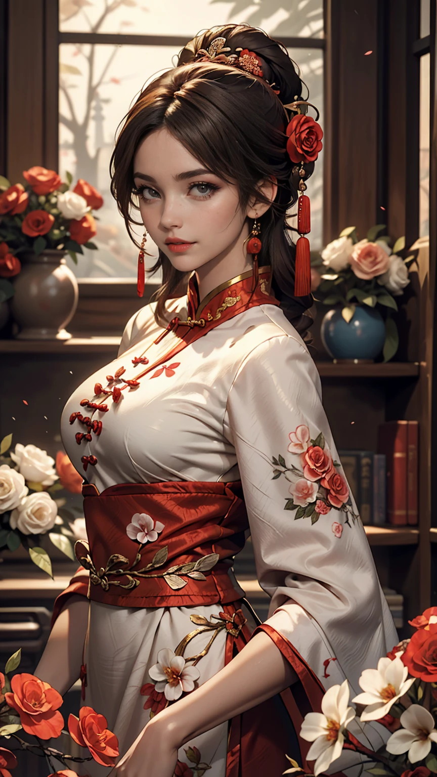 Une fille,partie supérieure du corps,Fille voleuse,robe chinoise,vêtements chinois,Fleurs de cheveux,(chef-d&#39;œuvre:1.4),(la plus haute qualité:1.4),(peau brillante),lèvres rouges,Regarder vos spectateurs,gros seins,[lèvres entrouvertes