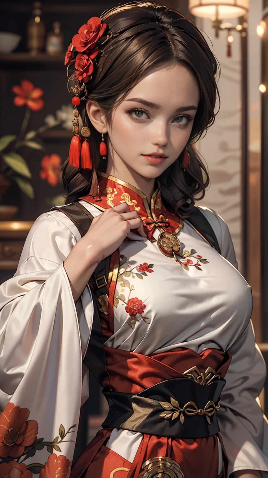 Une fille,partie supérieure du corps,Fille voleuse,robe chinoise,vêtements chinois,Fleurs de cheveux,(chef-d&#39;œuvre:1.4),(la plus haute qualité:1.4),(peau brillante),lèvres rouges,Regarder vos spectateurs,gros seins,[lèvres entrouvertes