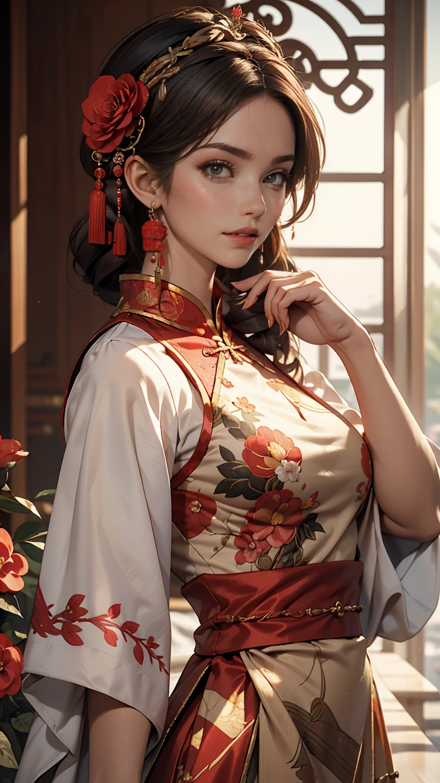 Une fille,partie supérieure du corps,Fille voleuse,robe chinoise,vêtements chinois,Fleurs de cheveux,(chef-d&#39;œuvre:1.4),(la plus haute qualité:1.4),(peau brillante),lèvres rouges,Regarder vos spectateurs,gros seins,[lèvres entrouvertes