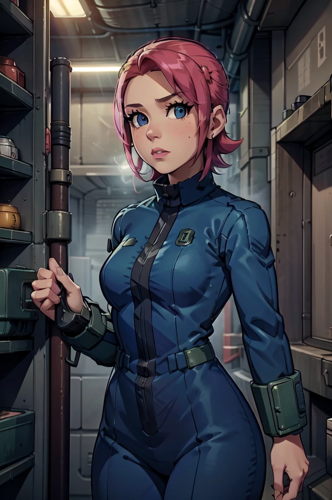 Mayl Sakurai reimagined as a vault dweller, doing maintenance in an underground vault. Her vibrant pink hair stands out against the dimly lit environment. She is a 26-year-old woman dressed in a vault dweller jumpsuit, indicative of her role in the post-apocalyptic world. The jumpsuit is worn but still functional, reflecting the harsh conditions of life underground. Her face is beautifully detailed, with expressive eyes that convey determination and intelligence. Her lips are also well-defined, adding to her overall allure.

In the vault, Mayl Sakurai is seen operating a pipboy, a wrist-worn device that serves as an essential tool and information hub for survival in the vault. The pipboy's screen emits a soft glow, illuminating Mayl's face and casting a subtle green hue on the surroundings. The details on the pipboy, from its buttons to its display, are extremely detailed, showcasing its futuristic design.

The underground vault is filled with mechanical equipment and pipes, emphasizing the importance of maintenance in this post-apocalyptic world. The atmosphere is gritty and industrial, with a hint of mystery and danger. The lighting is dim and has a hint of blue tones, enhancing the underground ambiance.

Despite the grim surroundings, Mayl Sakurai exudes confidence and strength as she jumps into action, ready to fulfill her duties as a vault dweller. Her posture and expression suggest that she is prepared to face any challenge that comes her way.

The image quality should be at its best, with 4K resolution and ultra-detailed rendering, capturing every intricate detail of the scene. The colors should be vivid, emphasizing the contrast between Mayl's vibrant pink hair and the dimly lit environment. The overall style should lean towards a post-apocalyptic concept art aesthetic, blending realism with a touch of fantasy.

In summary, the Stable Diffusion prompt for the provided theme would be:
Mayl Sakurai reimagined as a vault dweller, doing maintenance in an undergr