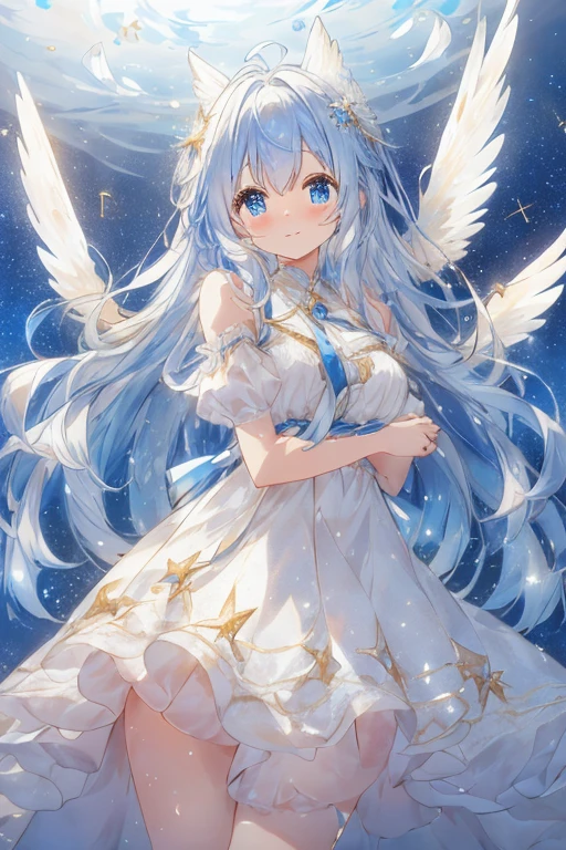 A sparkling, cute atmosphere inspired by the constellations. She is a beautiful moe anime style girl with big sparkling blue eyes and a fluffy look. Full body. She wears a starry sky-colored dress with fine delicate ruffles and many ribbons and star-shaped ornaments. She has fantastic, delicate, translucent white wings that give off an aura of magical light that accentuates the fantastic atmosphere. Her long hair is voluminous and wavy. Ribbons adorn her hair, giving her a cute and whimsical look. The background is a dreamy dance of dust with a faint glow. The sky is a beautiful starry sky, the soft blue enhancing her fantastic and gentle atmosphere. (( highest image quality, highest quality ))