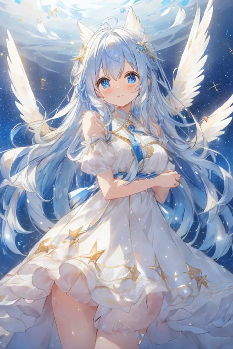A sparkling, cute atmosphere inspired by the constellations. She is a beautiful moe anime style girl with big sparkling blue eye...