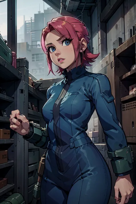 Mayl Sakurai reimagined as a vault dweller, doing maintenance in an underground vault. Her vibrant pink hair stands out against ...