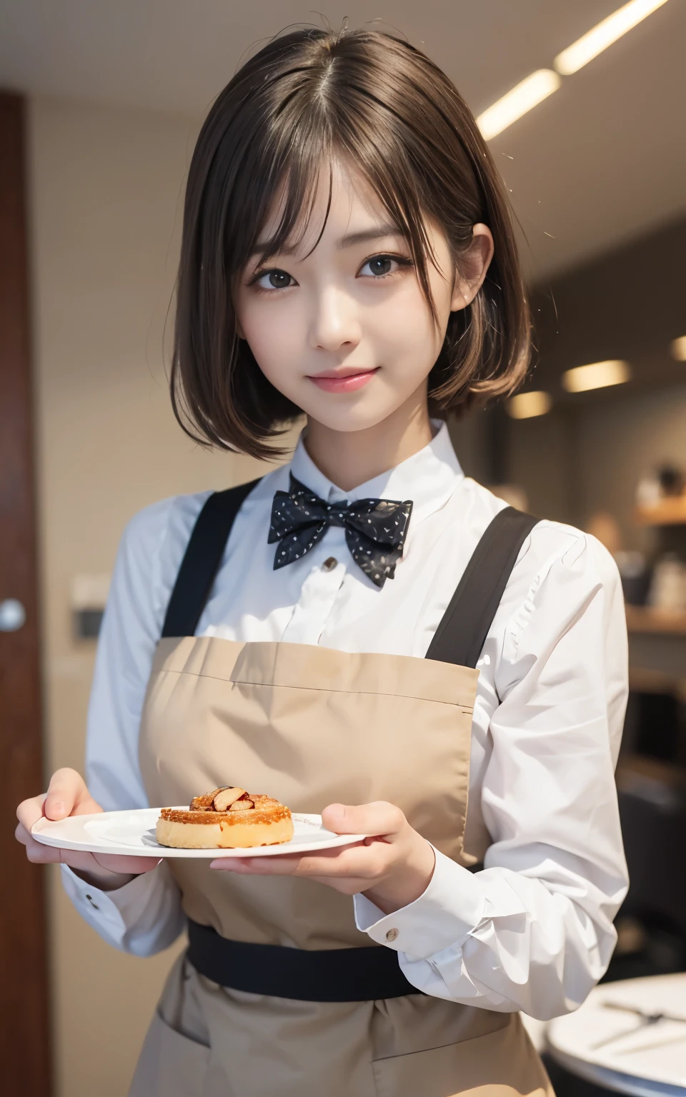 cute 21 year old japanese、apron, black bow tie、Waiter、Cafe、super detail face、pay attention to details、double eyelid、beautiful thin nose、sharp focus:1.2、Beautiful woman:1.4、(light brown hair,short hair、),pure white skin、highest quality、masterpiece、ultra high resolution、(Photoreal:1.4)、Highly detailed and professional lighting、nice smile、Please show me your whole body、