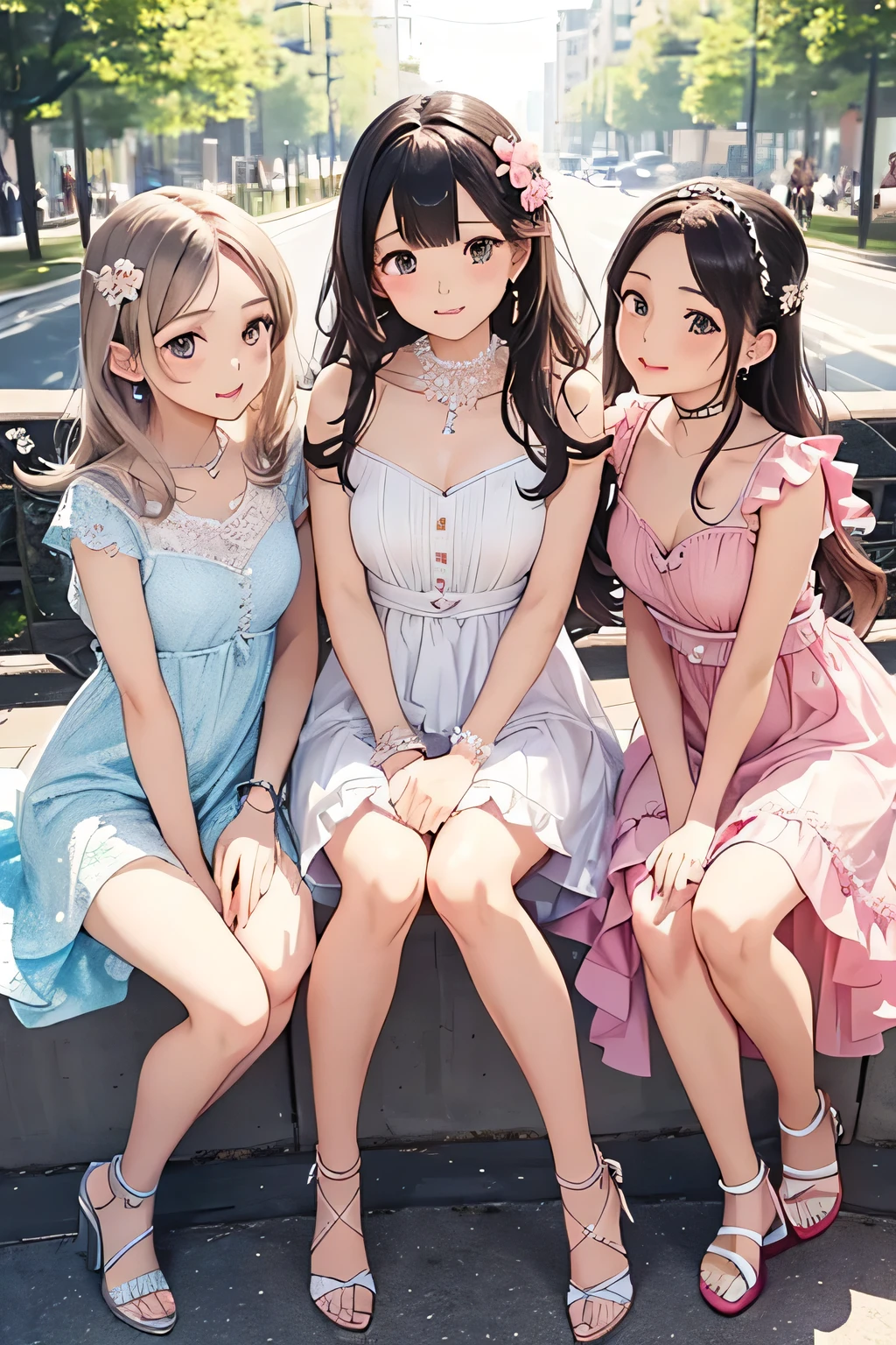 Three Girls Sitting On A Bench With Their Legs Crossed - Seaart Ai