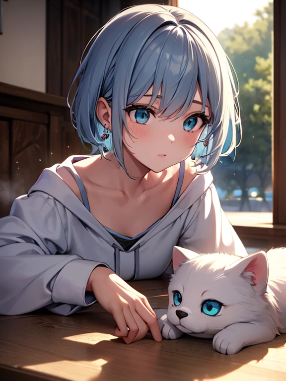 (highest quality, masterpiece: 1.2), Super detailed, highest quality, Ultra-high resolution, Professional Lighting, Photon Mapping, Physically Based Rendering, Cinema Lighting, Depth of written boundary, focus on, Light of the sun, Good composition, (Bokeh: 1.2), 1 girl, Aqua Eyes, narrow, Silver Hair, short hair, Girl wearing a large black hoodie,Waterfront,hand {refer tos} cute {refer to} hand,clavicle,Girl lying down and playing with dog,cool,Inside the room,Girl with small earrings,