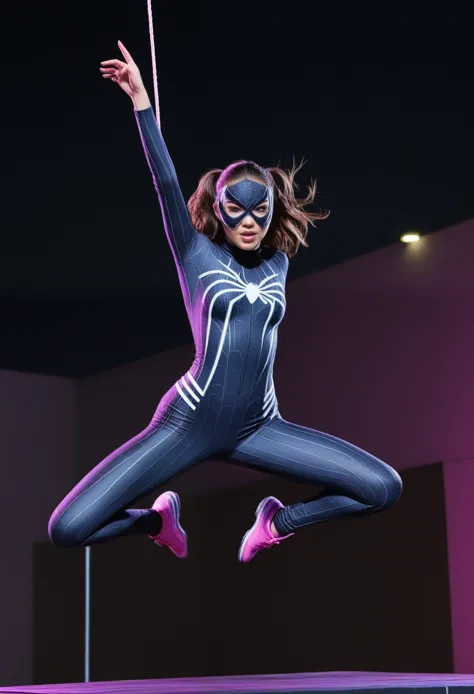 
Hailee Steinfeld swings into action as Ghost-Spider!
Hailee Steinfeld leaps through a neon-lit cityscape, her black and white masked costume contrasting with the vibrant background.  The form-fitting suit hugs her athletic figure, accented by glowing pink...