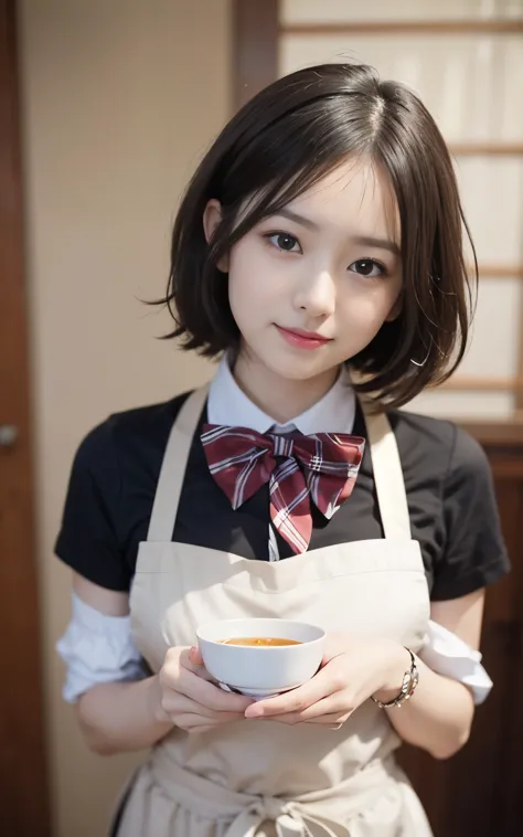 cute 21 year old japanese、apron, black bow tie、Waiter、Cafe、super detail face、pay attention to details、double eyelid、beautiful th...