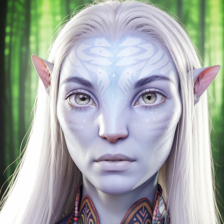 avatar style, (face portrait:1.4), naavi, 1girl, female, ((red eyes)), ((eyebrowless)), pointy ears, (white skin tone:1.0), (straight hair:1.0), silver hair color, ((long hair)), (young adult), 18 years old, face wrinkles, wearing colorful tribal clothing, (wearing tribal acessories), detailed eyes, toned body, muscled body, vibrant colors, glowing, ethereal atmosphere, surrealistic dreamy lighting, textured skin, otherworldly beauty, mesmerizing photography, (best quality, highres), vivid colors, ultrarealistic, skin details, striped skin, sfw, face close-up:0.5, ultradetailed body, ((white skin)), (albino person), albinism:1.5, AvatarNeytiri