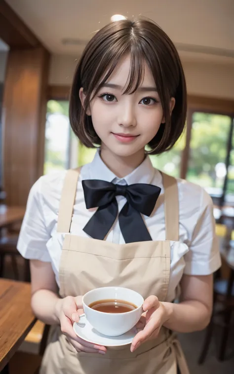 Cute 21 year old Japanese、apron、Black bow tie、Waiter、Cafe、Super detailed face、Attention to detail、double eyelid、Beautiful thin n...