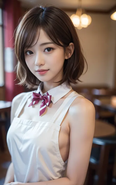 Cute 21 year old Japanese、apron、Red bow tie、Waiter、Cafe、Super detailed face、Attention to detail、double eyelid、Beautiful thin nos...