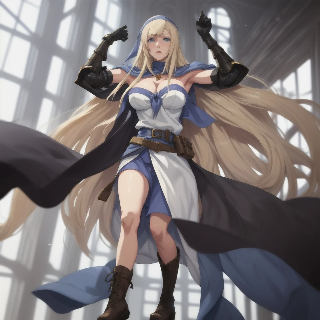 (masterpiece, best quality), 1girl, (ミレーヌ - Mylene Rapha Holfort / Otome Game Sekai wa Mob ni Kibishii Sekai Desu - Otome Game World is tough on mobs), long hair, blonde hair, blue eyes, cape, armor, blue dress, belt, gloves, boots