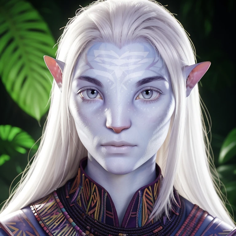 avatar style, (face portrait:1.4), naavi, 1boy, male, ((red eyes)), ((eyebrowless)), pointy ears, (white skin tone:1.0), (straight hair:1.0), silver hair color, ((long hair)), (young adult), 18 years old, face wrinkles, wearing colorful tribal clothing, (wearing tribal acessories), detailed eyes, toned body, muscled body, vibrant colors, glowing, ethereal atmosphere, surrealistic dreamy lighting, textured skin, otherworldly beauty, mesmerizing photography, (best quality, highres), vivid colors, ultrarealistic, skin details, striped skin, sfw, face close-up:0.5, ultradetailed body, ((white skin)), (albino person), albinism:1.5, AvLoak