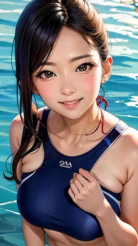 ((sports swimwear:1.3)), swimwear, skin color, big , smile, (8k, raw photos, highest quality, masterpiece:1.2), masterpiece, sup...