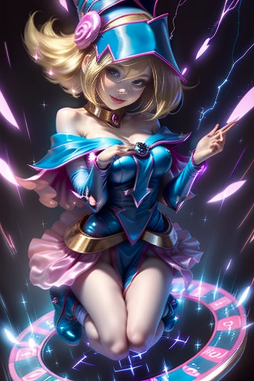 (masterpiece:1.2), (highest quality:1.2), Perfect lighting, Dark Magician Girl (Casting a Spell: 1.3), When I was in my twenties, (Floating in the air: 1.3), Visible medium breasts, Transparent neckline,  challenging. poker face,smile. From above, Sparkle, (Hands with magical effects: 1.4 )The magic is in your hands, Apocalypse Background、Blonde、Magic at your fingertips