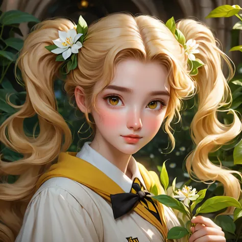 best quality, Masterpiece, Hogwarts students, Hufflepuff, I have short, raised twin tails., I have short, golden-blonde twin tai...
