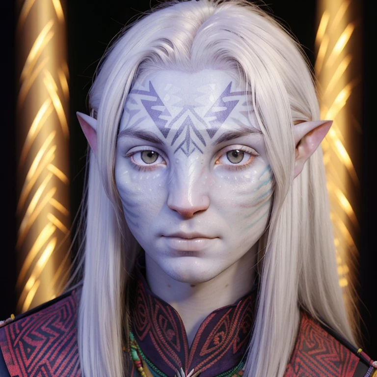 avatar style, (face portrait:1.4), naavi, 1boy, male, ((red eyes)), ((eyebrowless)), pointy ears, (white skin tone:1.0), (straight hair:1.0), silver hair color, ((long hair)), (young adult), 18 years old, face wrinkles, wearing colorful tribal clothing, (wearing tribal acessories), detailed eyes, toned body, muscled body, vibrant colors, glowing, ethereal atmosphere, surrealistic dreamy lighting, textured skin, otherworldly beauty, mesmerizing photography, (best quality, highres), vivid colors, ultrarealistic, skin details, striped skin, sfw, face close-up:0.5, ultradetailed body, ((white skin)), (albino person), albinism:1.5, timochal2023