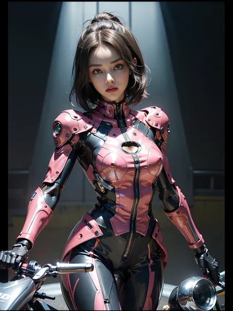 ((highest quality)), ((masterpiece)), ((Perfect Face))、（(Detailed Motorcycle)）、Detailed and clear photos、((Cyborg Woman))、((Pink...