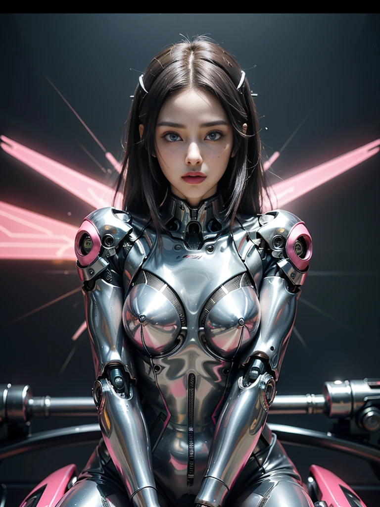 ((highest quality)), ((masterpiece)), ((Perfect Face))、（(Detailed Motorcycle)）、Detailed and clear photos、((Cyborg Woman))、((Pink long sleeve riding jacket and leather pants))、((Riding on motorcycle))、((cybernetics))、Slender body、((Woman with a mechanical body))、Communication Headset、(((Steel Fingers)))、(((The body is mechanized)))、Full Body Shot、The background is a futuristic city、smile、（Big eyes and a beautiful face）,The whole body is slightly soot-stained..,Sexy clothing that reveals skin、Sexy pose