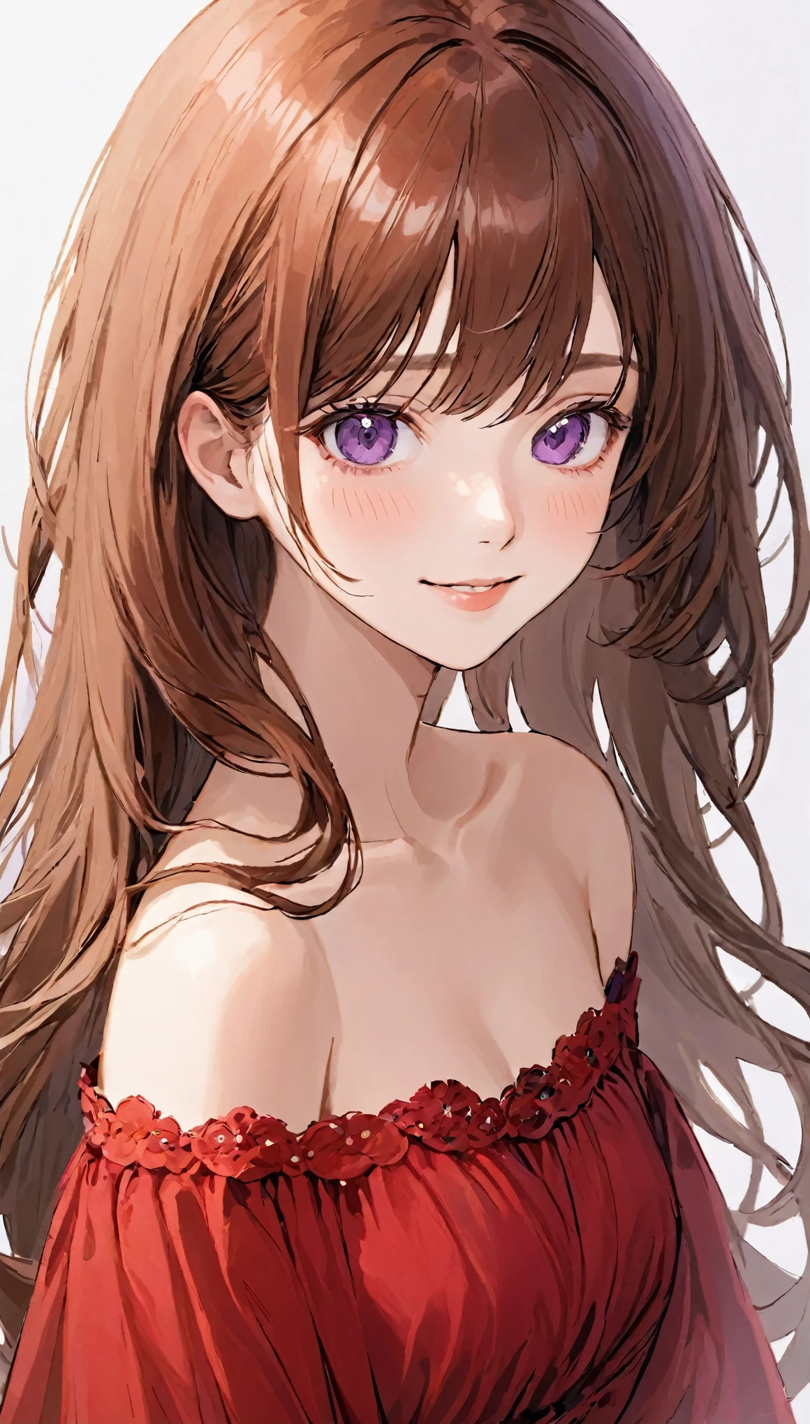 masterpiece、highest quality、(Brown long hair、Has bangs:1.1)、25 year old woman with purple eyes、wearing a red off-shoulder dress、(Emphasize the chest:1.1)、(modest smile expression:1.3)、(stare:1.5)、(A close-up of the subject&#39;s face:1.3)、standing、Five perfect, beautiful fingers、Place the camera above the subject、The background is the venue、Bold composition、The upper body is shown、alone、