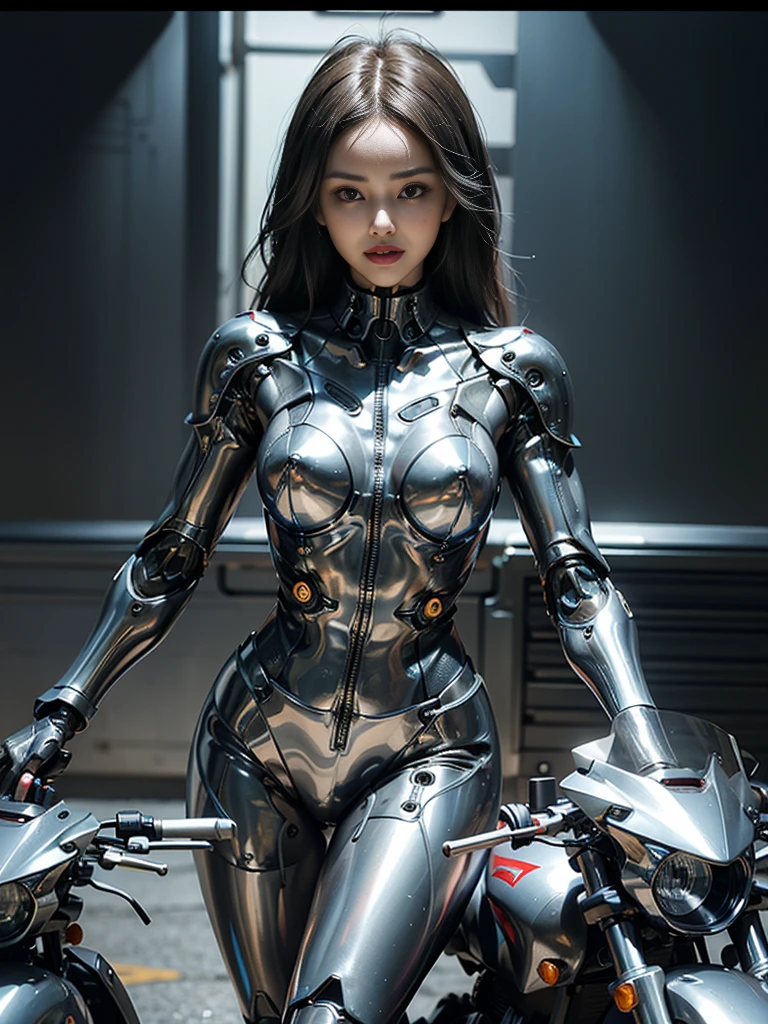 ((highest quality)), ((masterpiece)), ((Perfect Face))、（(Detailed Motorcycle)）、Detailed and clear photos、((cyborg woman))、((Cyborg riding sexy metal jacket and leather pants))、((Riding on motorcycle))、((cybernetics))、Slender body、((Woman with a mechanical body))、Communication Headset、(((Steel Fingers)))、(((The body is mechanized)))、Full Body Shot、The background is a futuristic city、smile、（Big eyes and a beautiful face）,(Sexy Cyber Suit That Reveals Skin）、Sexy pose、（Teeth clean、Natural smile）