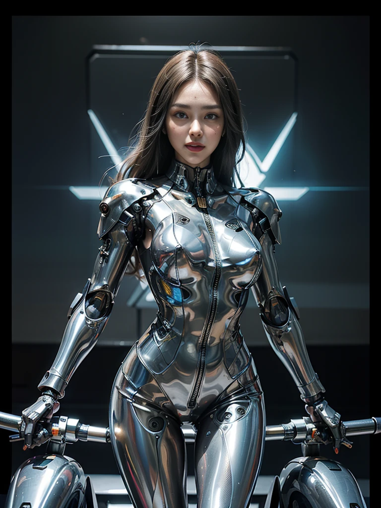 ((highest quality)), ((masterpiece)), ((Perfect Face))、（(Detailed Motorcycle)）、Detailed and clear photos、((Cyborg Woman))、((Cyborg riding sexy metal jacket and leather pants))、((Riding on motorcycle))、((cybernetics))、Slender body、((Woman with a mechanical body))、Communication Headset、(((Steel Fingers)))、(((The body is mechanized)))、Full Body Shot、The background is a futuristic city、smile、（Big eyes and a beautiful face）,(Sexy Cyber Suit That Reveals Skin）、Sexy pose、（Teeth clean、自然なsmile）